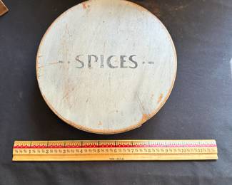 L23 - $95. Antique Wooden Shaker Style Spice Box (does not have inside containers). Original Paint is in great condition. Measures 7.5" wide x 2.5" tall.