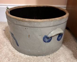 B16 - $225. Believed to be a Richard C Remmey Crock from Philadelphia PA. Measures 12" round x 6.75" tall. Does have a hairline crack and minor chipping. Unique Crock Size!