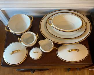 D32- $200. Limoges Dinner Set (9 pieces) Cobalt and Gold - includes 1 soup tureen, 1 cream+ sugar bowl, 1 serving platter (17.5" wide), 1 lidded serving dish, and 1 small platter (14" wide).