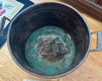 L5 - $45. Large Copper Pot - was used for a plant so the inside has water marks / damage. Measures 17.75" wide x 12" tall