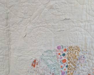 S8 - $75. Hand-pieced, machine quilted Vintage/ Antique Quilt. Measures 82" x 94". Minor staining & small holes from life.