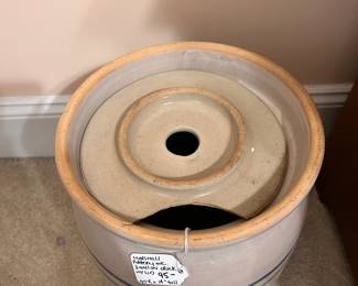 B9 - $75. Marshall Pottery 3 Gallon Crock with lid. Crock & lid are both chipped. Measures 9.5" across x 14" tall.