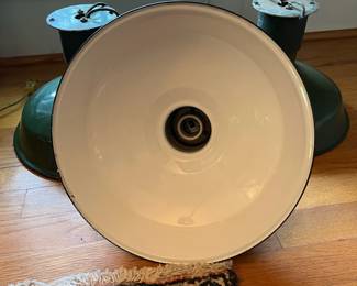 F47- $35 Each. 3 Available. Vintage Westinghouse Green Enamel Industrial Lamp. 12dx10t