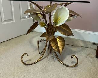 A28 - $300. Italian Lighted Pedestal Table. Hollywood Regency Style. Has "Made in Italy" metal tag still attached. Measures 24" round x 21" tall with glass. WORKS!