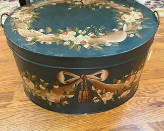 S45 - $150. Maitland Smith LARGE painted metal box. Measures 22.5" x 18.5" x 12" tall. Has handles on the lid to lift off. In very good vintage condition!