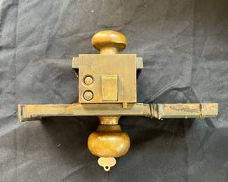 S18 - $200. Antique Bronze Commercial National Bank Door Knob w/key, Lock and Back Plate.