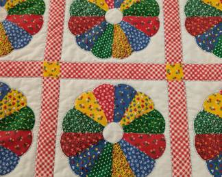 S3 - $30. Vintage Quilt. Hand Quilted Panels on Printed Fabric. Measures 53" x 70".