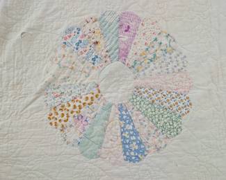 S8 - $75. Hand-pieced, machine quilted Vintage/ Antique Quilt. Measures 82" x 94". Minor staining & small holes from life.