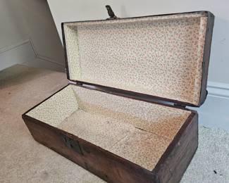 U13 - $75. Antique Wooden Box with Leather Handle. Measures 20" wide x 8.75" deep x 7" tall.