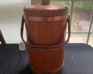 S36 - $45. Vintage Thermos. Wood Frame & Copper lid with glass insert. Measures 8" wide x 16" tall.