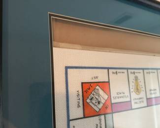 U70 - $100. Vintage Monopoly Board Cross Stitched. Measures 33.5" x 31.5". Has slid down in the frame but overall excellent condition! Great art for a game room!
