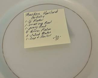D10- $70. Theodore Haviland Berkley Set, includes 1 large platter, (14x11") 1 small vegetable bowl (9.5x7.5"), 1 gravy boat (5.75x4"), 8 dinner plates (10.75" round), 3 salad plates (8.75" round), 1 cup and saucer.