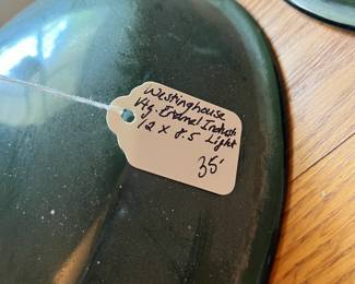 F47- $35 Each. 3 Available. Vintage Westinghouse Green Enamel Industrial Lamp. 12dx10t