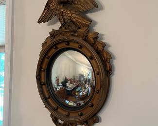 D46- $300. Antique Federal Bullseye Eagle Mirror. Measures 16.5" wide x 27" tall. One wing has been repaired.