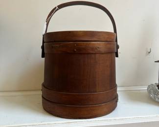 L31 - $125. Primitive Firkin Sugar Bucket with Lid. Measures 10.75" wide x 9.5" tall. Bottom bands are loose but overall very good condition.