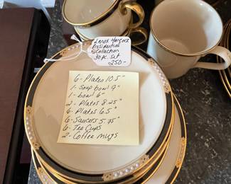 D34- $250. Lenox Hancock Presidential Collection 30 pc. Set - includes 6 large plates (10.5"), 1 soup bowl (9"), 1 bowl (6"), 2 medium plates (8.25"), 6 small plates (6.5"), 6 saucers (5.75"), 6 teacups, 2 coffee mugs.
