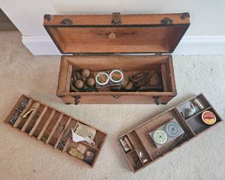 U11 - $150. Antique Wooden Tackle Box - No key. Measures 20" wide x 8" deep x 8" tall.
