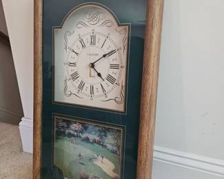 U16 - $15. Vintage Ingraham Wood Framed Golf Clock. Needs repair to the wooden frame. Measures 13.75" wide x 24" tall.