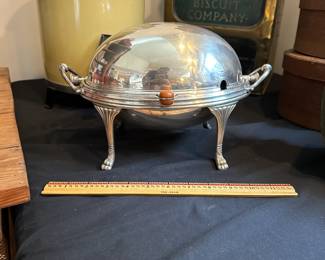 L18 - $35. Antique English Silversmiths Silver Plate Dome Top Server. Measures 12" wide x 8" deep x 4.75" tall.