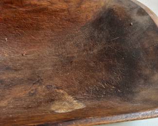 L36 - $60. Primitive / Antique Dough Bowl with Green Exterior Paint. Measures 20" wide x 9.5" deep x 3.5" tall