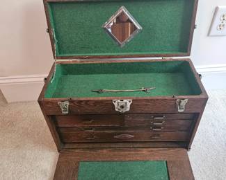 U10 - $400. Logo Vintage Craftsman Union 7 Drawer Oak Chest Toolbox. Measures 20.25" wide x 8.5" deep x 13" tall.