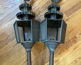 F55- $150 PAIR of US Eagle Brass/Copper Carriage Lanterns. 30"t.
