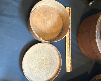 L20 - $140 Set of 4 Shaker Boxes / Pantry Boxes. The do nest together. Largest measures 9.75" wide x 4.75" tall, smallest measures 6.5" wide x 3" tall. The largest is marked with "HJ" on the bottom.