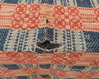 S6 - $30. "Cutter" Coverlet. Measures 64" x 93". Holes are too large to fix - would be better suited for another craft project!