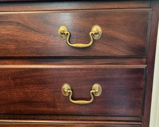 D54- $550. Virginia Galleries Furniture by Henkel-Harris. Measures 43" wide x 19.25" deep x 34.25" tall. Slight Sun Fading on Right Side - all drawers slide. Structurally good!