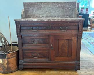 L1 - $300. Antique Edwardian Mahogany Marble Wash Stand. Top not attached and has a key. Measures 33.5" wide x 17.5" deep x 38" tall. Very good antique condition!
