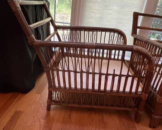 S47 - $175. Antique Rattan Set - NO CUSHIONS. Measures 26" wide x 10" floor to seat x 28.5" tall. Ottoman is 22" square x 11" tall.