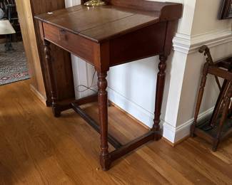 H9 - $450. Antique Solid Wood, Tall Slant Front Teacher Desk. Has Key! Measures 35.5" wide x 24.5" deep x 41.5" tall