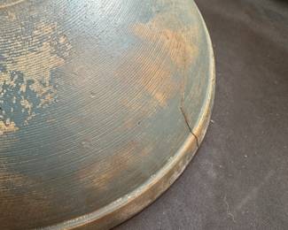 L39 - $150. Antique Dough Bowl - original Blue Paint. Slightly out of round. Measures 13.25" wide x 12.25" deep x 4" tall. One hairline crack on edge.