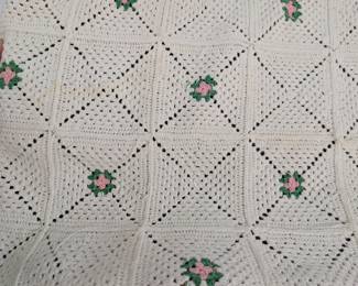 S15 - $60. Crocheted Bed Spread for a Queen Bed. Measures 116" wide x 95"Long (has staining and includes extra panels)