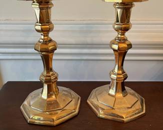 D24- $45. Rare Set of 2 Bronze Candle Holders. Measure 8" tall.