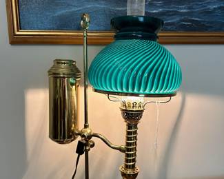 C1 - $75. Vintage Brass Student Lamp with Green Glass Shade. Measures 22.5" tall.