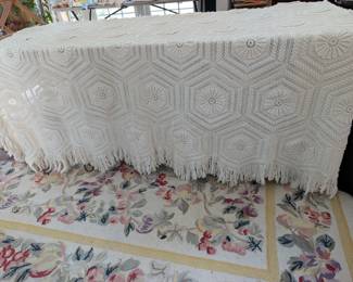 S7 - $65. Bed Spread. Measures 70" x 85". Minor staining that may come out with treatment!