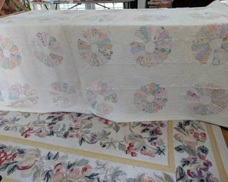 S8 - $75. Hand-pieced, machine quilted Vintage/ Antique Quilt. Measures 82" x 94". Minor staining & small holes from life.