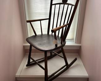 A22 - $40 Early Wooden Rocker. Measures 20" wide x 33" deep x 33.5" tall. Floor to Seat Measures 16".