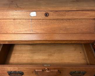 C7 - $150. Small Secretary. Measures 38.25" wide x 17" deep (27" deep when open) x 39" tall. Some old scratches on the right side.