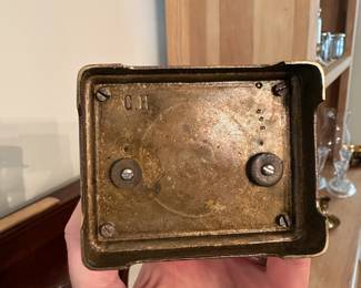 D59 - $175. "CH" Carriage Clock. Measures 3.25" wide x 2.5" deep x 5.5" tall with handle up. Top glass is moving around a bit - not falling out but needs repair.