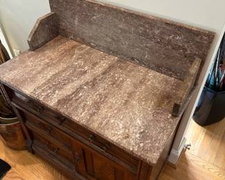 L1 - $300. Antique Edwardian Mahogany Marble Wash Stand. Top not attached and has a key. Measures 33.5" wide x 17.5" deep x 38" tall. Very good antique condition!