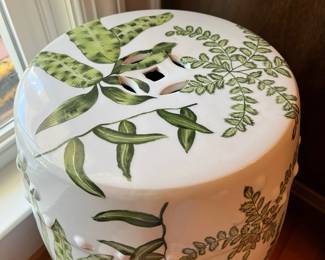 D44- $60. Botanical Ceramic Garden Stool. Measures 11" wide x 18" tall.