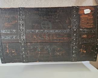 U17 - $125. Antique Wooden Chest. No. 4 stenciled on the top. Measures 31" wide x 18" deep x 14" tall.