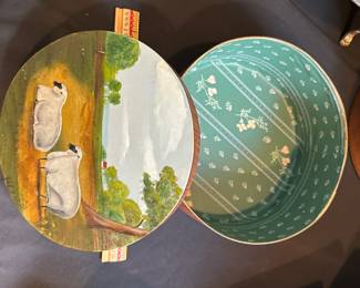 L19 - $95. Billie Henninger Signed Painted Shaker Box. Measures 8.5" wide x 4.5" tall.