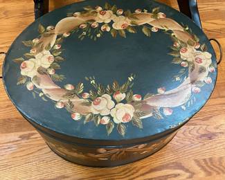 S45 - $150. Maitland Smith LARGE painted metal box. Measures 22.5" x 18.5" x 12" tall. Has handles on the lid to lift off. In very good vintage condition!
