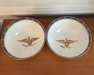 D31- $55(each). 2 Chinese Export Armorial Eagle Gold Gilt Porcelain Bowls. Measuring 10.25" wide x 4.5" tall.
