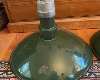 F51- $125 Each. 2 Available. 1930's Benjamin Green Enamel Industrial Lights. Lt- 19dx31t. Rt 18dx26