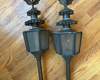 F55- $150 PAIR of US Eagle Brass/Copper Carriage Lanterns. 30"t.