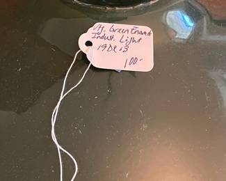 F52- $100. Vintage Green Enamel Industrial Lamp. 19dx13t